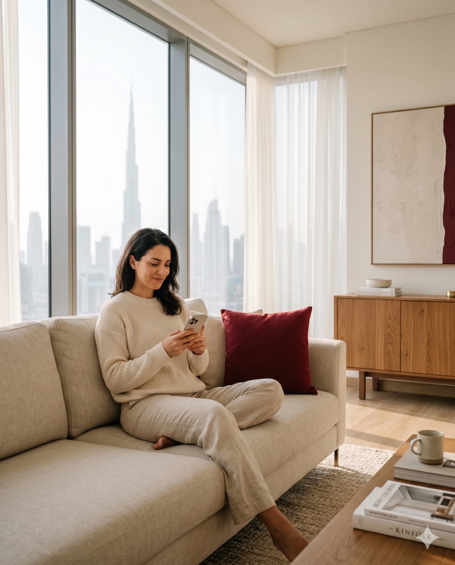 Property owner relaxing at home with a view of the Dubai skyline