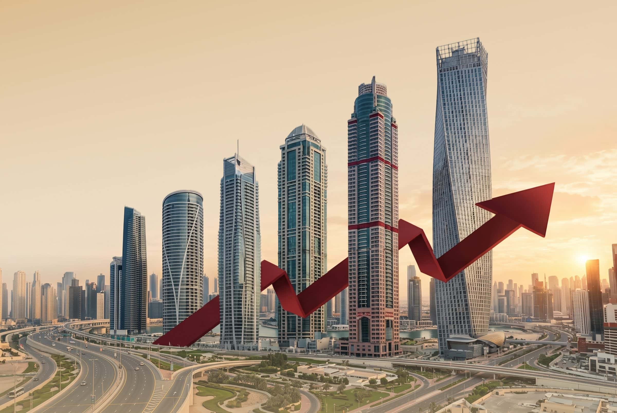 Dubai residential towers at sunset with a rising red arrow across the skyline