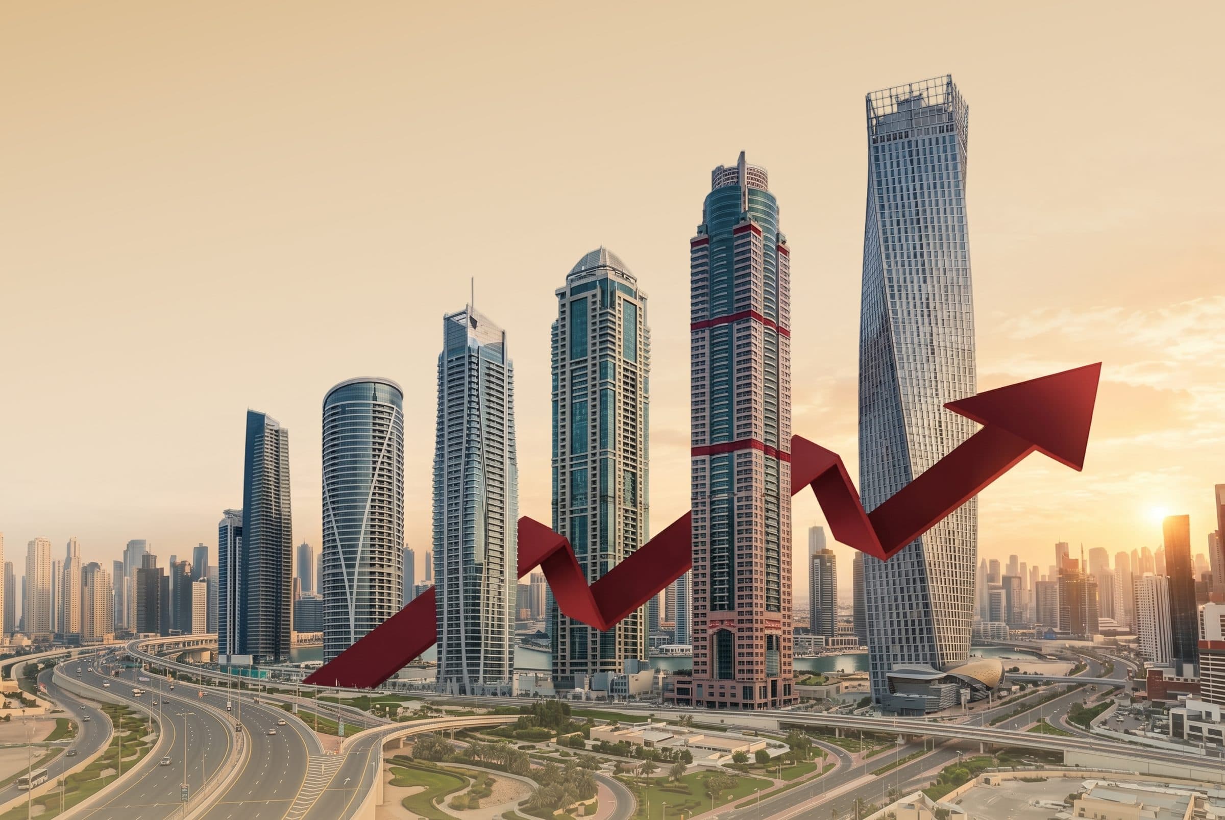 Dubai residential towers at sunset with a rising red arrow across the skyline